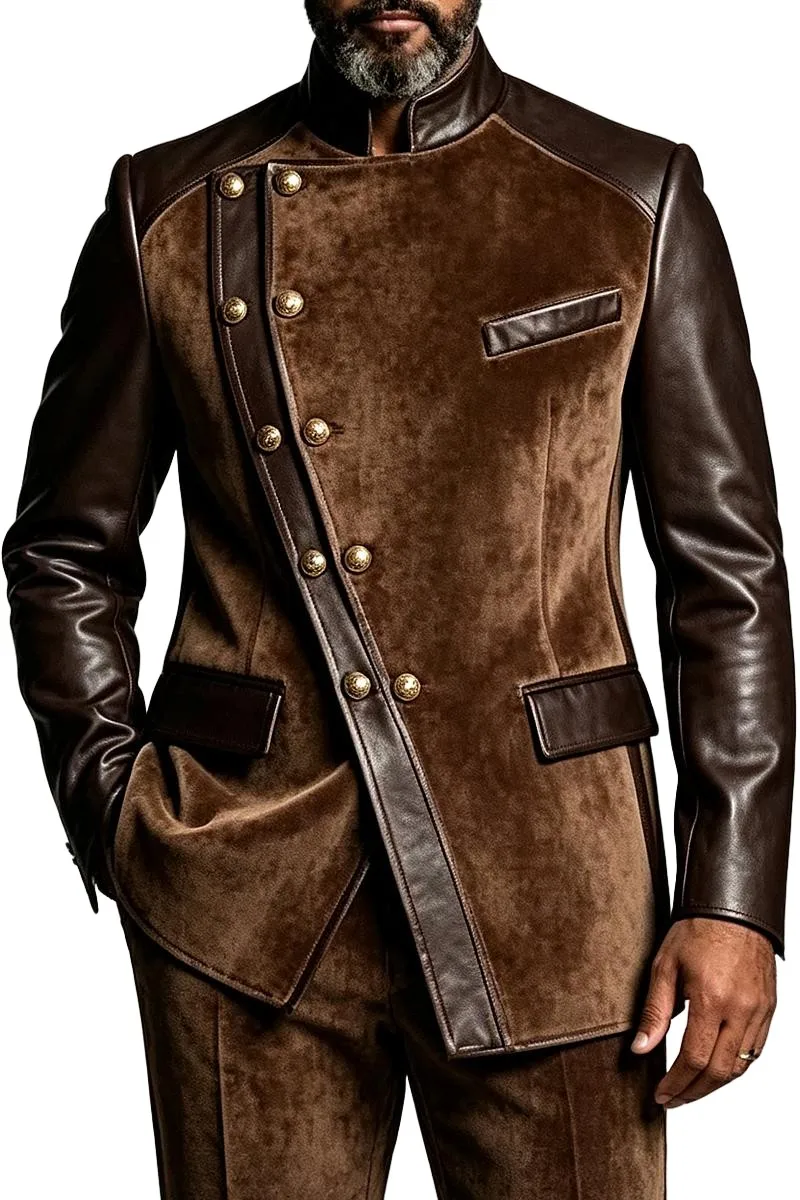 Luxury Brown Suede and Leather Blazer with Asymmetrical Front and Gold Buttons Men Avant-Garde Suit Jacket Customized M266933