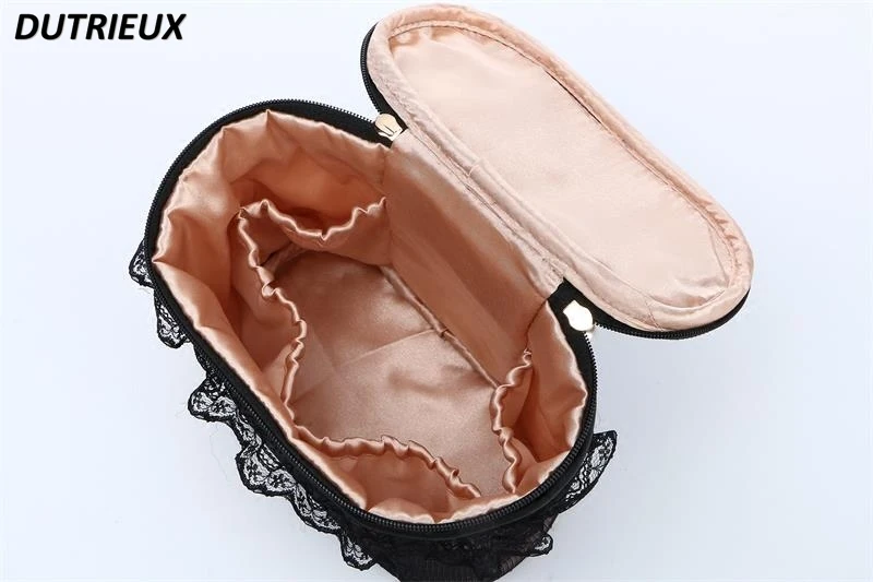 2024 New Make Up Case Sweet Cute Black Lace Portable Women\'s Cosmetic Bag Barrel Lace Pearl Decoration Medium Makeup Cases