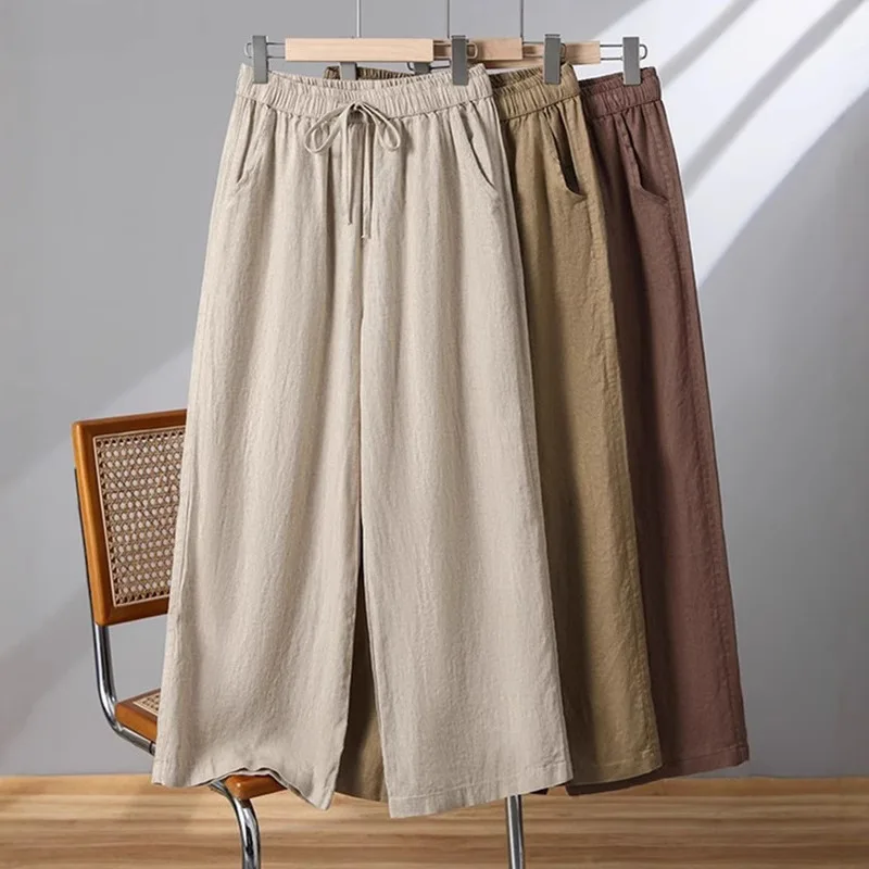 XIZOU Casual Cotton Linen Wide Leg Pants Women's Summer New Sle Slimming Loose Straight Tube Linen Nine Points Pants
