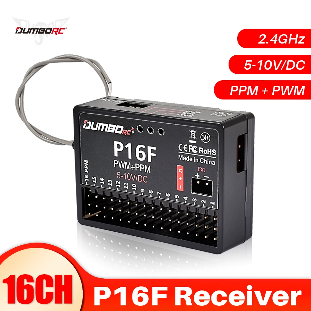 DUMBORC P16F Receiver 16CH PPM PWM Dual-Signal 5-10V Voltage Return for RC Car Boat Tanks