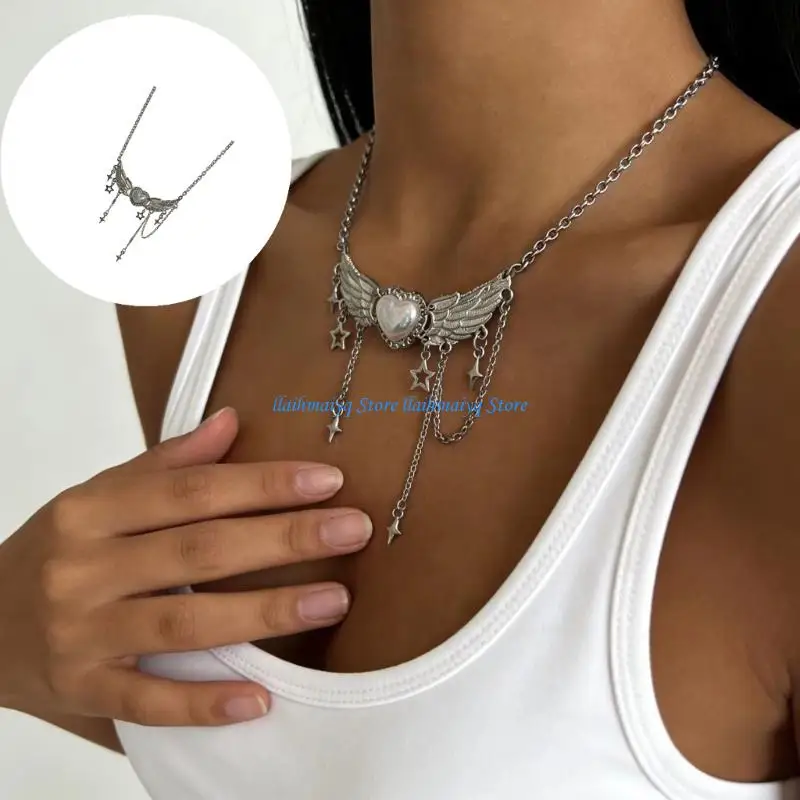

573B Modern Star And Angel Wing Necklace With Flowing Tassels Adjustable Neckchain