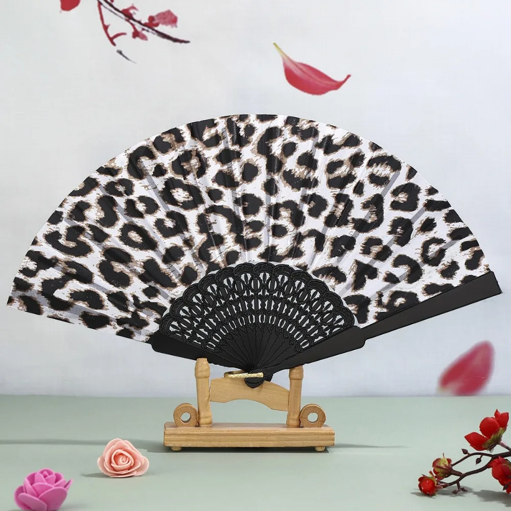 Fashion PP Folding Fan Leopard Print Cloth Hand Fold Fan Handheld Black Pole Performance Fan Dance Prop