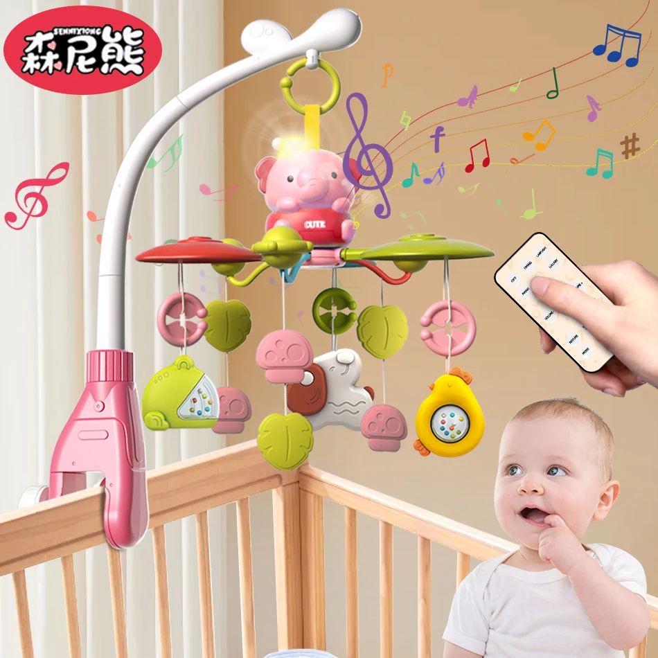 SENNIXIONG Electric Musical Rotation Elephant Soothing Bed Bell Mobile Night Light Infant Rattle Montessori Sensory Toddler Toy
