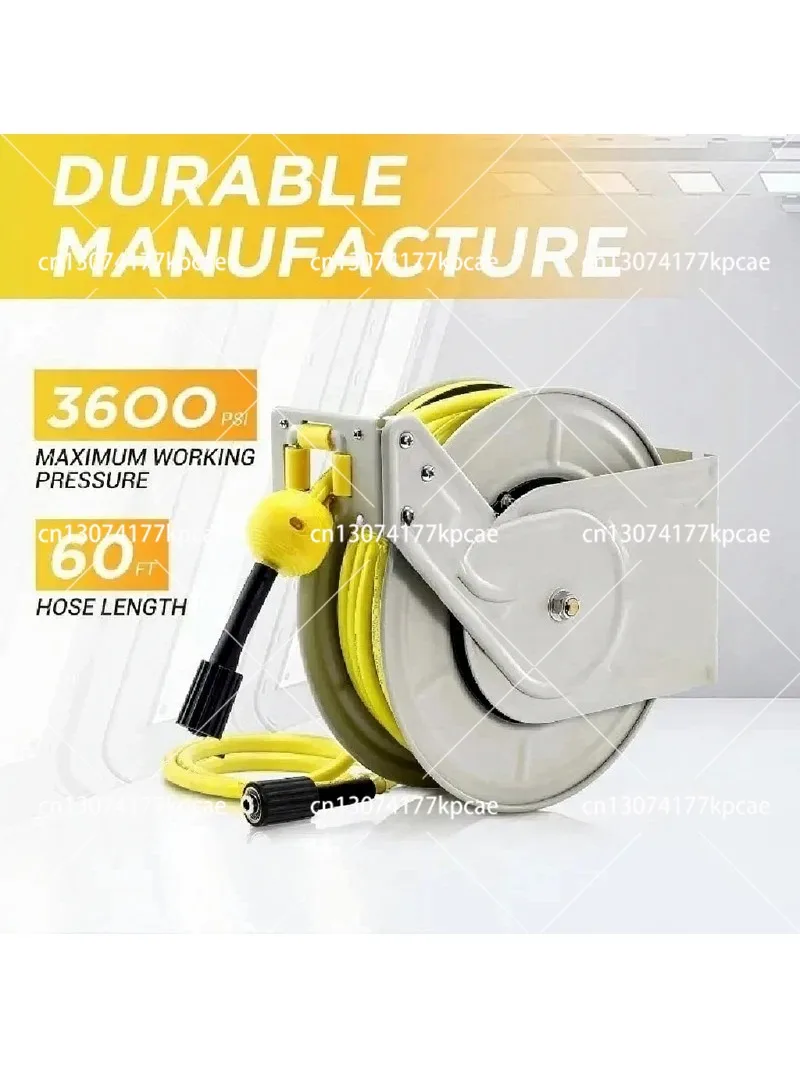 Heavy Duty Telescopic Pressure Washer Hose Reel 1/4 Inch X 60 Feet with Automatic Rewind for Cleaning Equipment