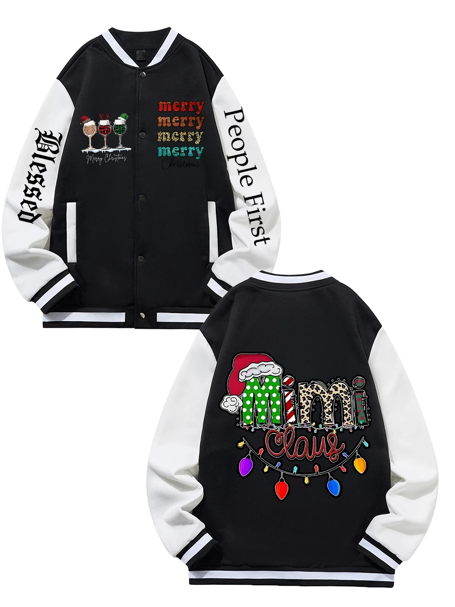 

Black Blue Green Double-sided Christmas Print XS-XXL Unisex Baseball Jacket Streetwear Coat Warm Fleece Soft Jacket