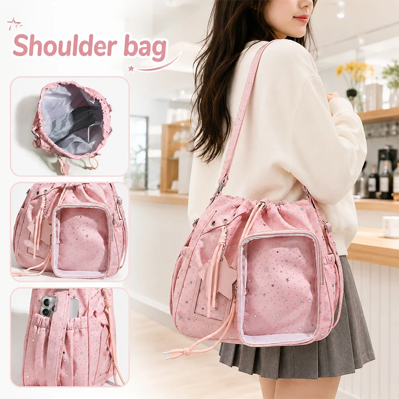 Large Capacity Star Ita Bag Backpack for Girls, Preppy Clear Window Plush Display School Bag, New Double Shoulder Campus Bag
