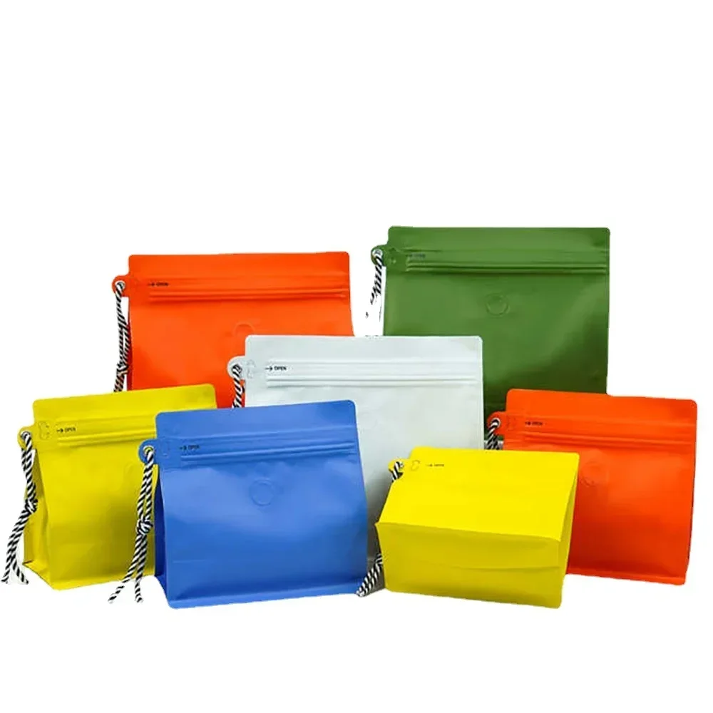 50pcs Resealable Aluminum Foil Hanging Rope Coffee Bean Powder Food Box Bottom Ziplock Packaging Bag with Valve 150g 250g 500g