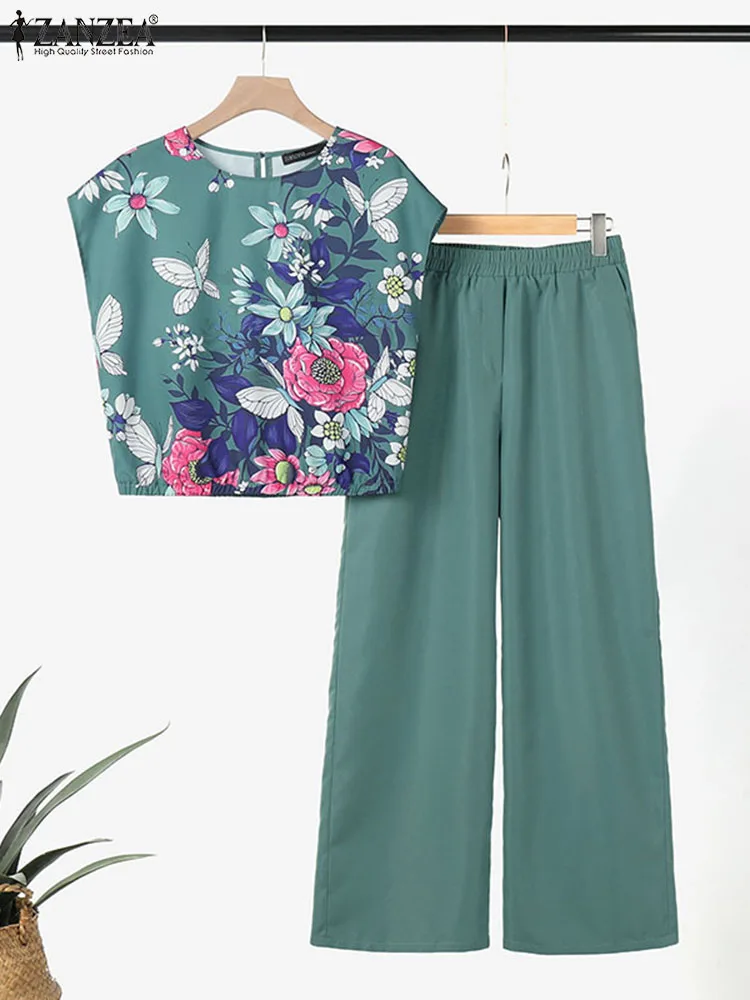 ZANZEA-Survêtement Vintage à Manches Courtes et Col Rond pour Femme, Ensemble Chemisier et Pantalon Floral, Élégant, pour Avocat de Travail, Tenue d'Été, 2 Pièces