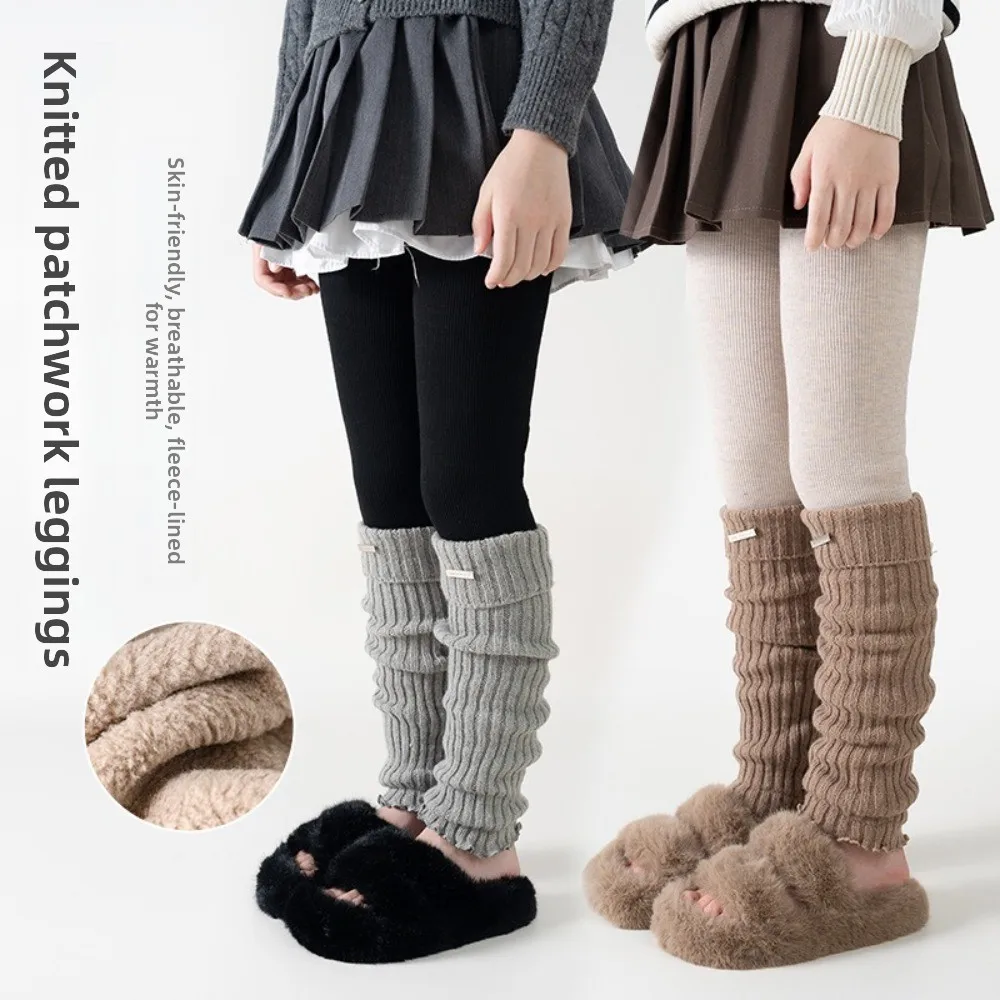 Autumn Winter Girls' Knitted Leggings Fashion Patchwork Thick Warm Pile Socks Pantyhose Mid-Calf Stackable Tights For Toddler - view 3