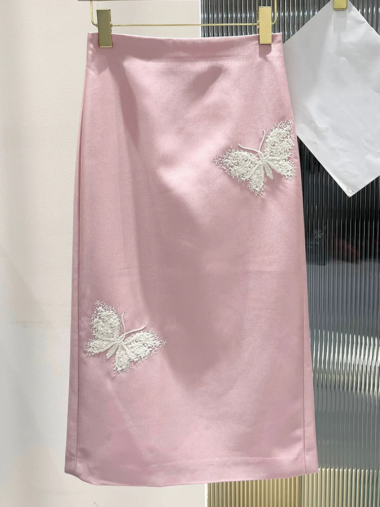 Retro Butterfly sequined embroidered solid color skirt female spring 2024 new high waist slim split slim hip one-step skirt.