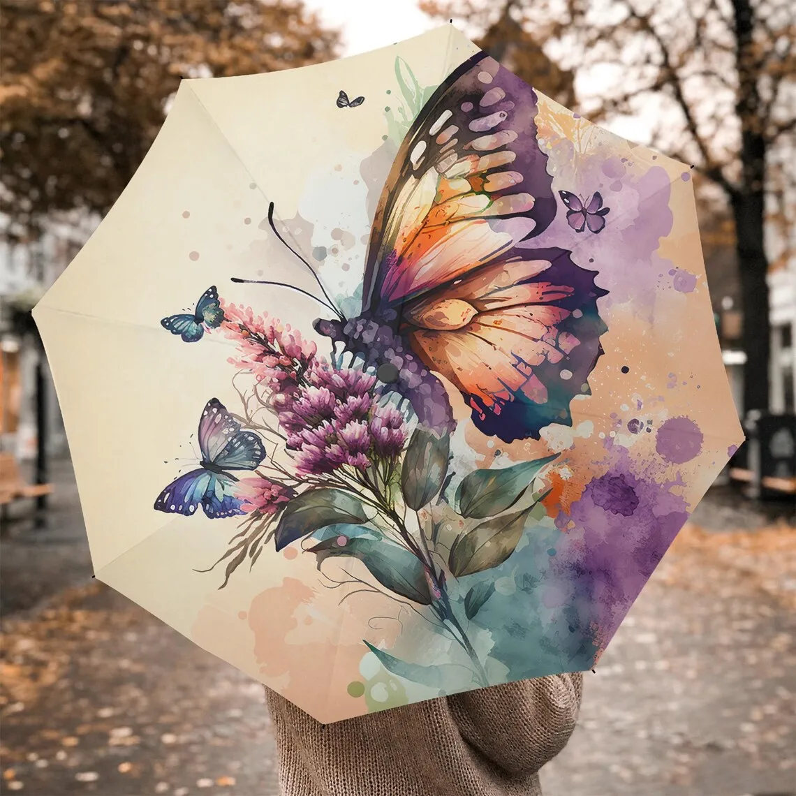 Custom-logo folding umbrella featuring personalized printing across eight panels, fully automatic open/close mechanism, and a po