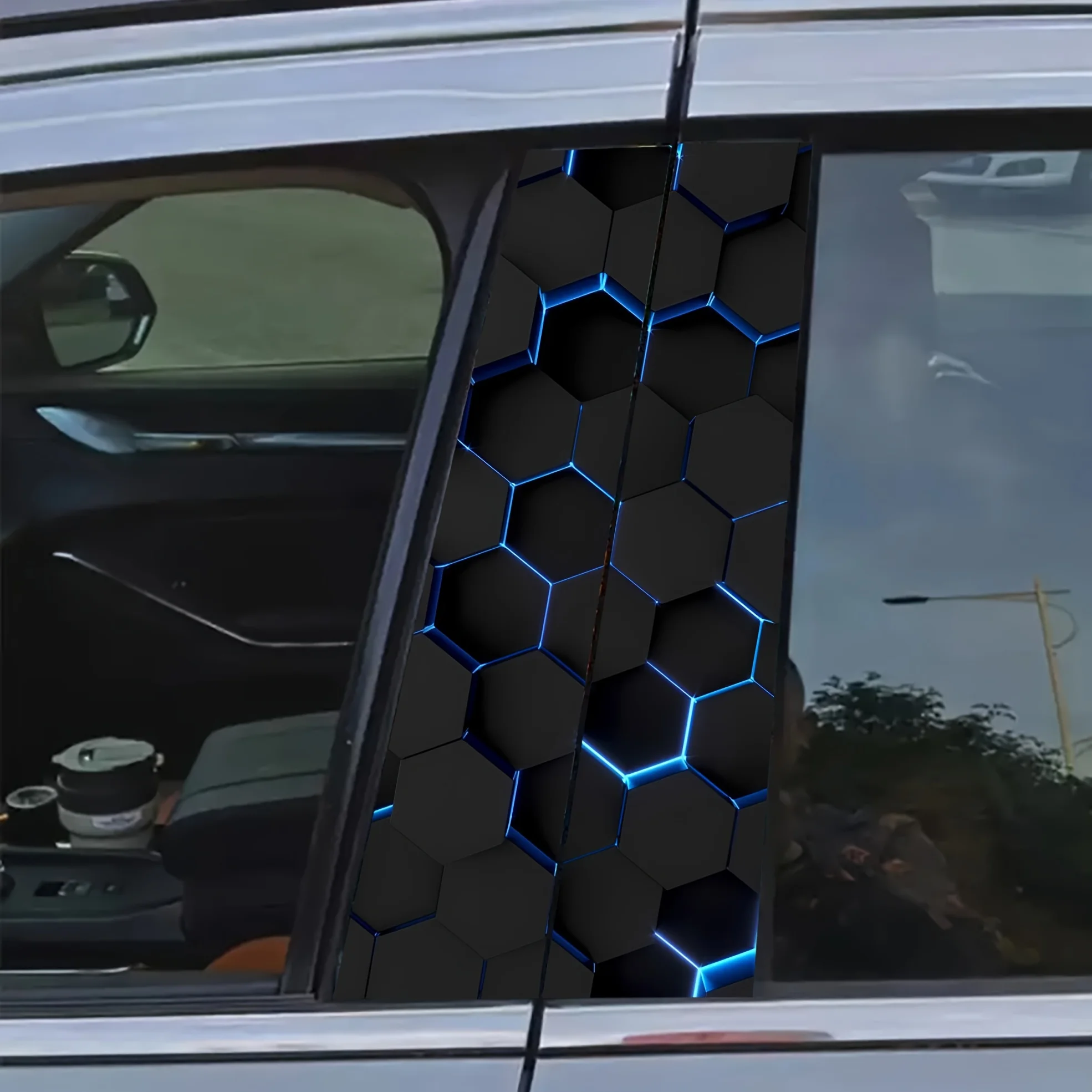 2 sci-fi themed B-pillar car stickers, durable vinyl, easy to stick, waterproof, hexagonal honeycomb pattern, self-adhesive,