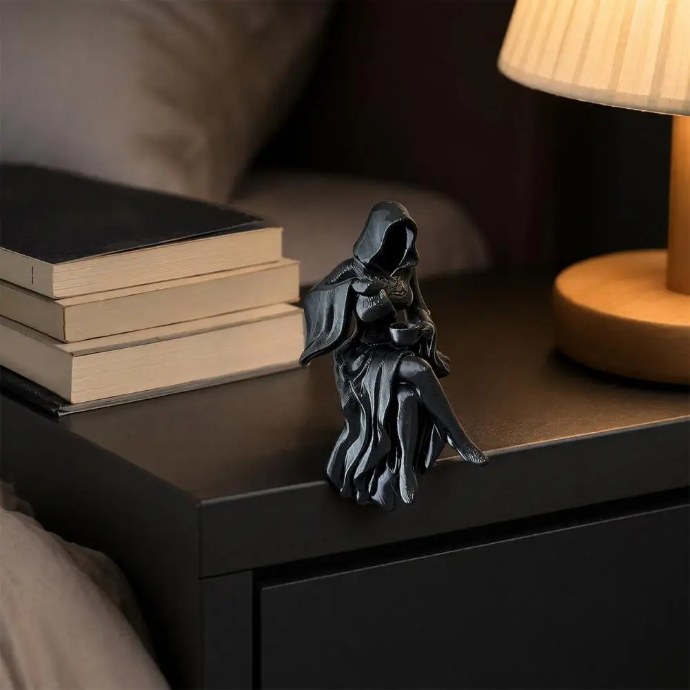 Grim Reaper Figurine Hooded Reaper Lady Figurine Dark Fantasy Resin Statue Mysterious Black Robed Woman for Desk for Display