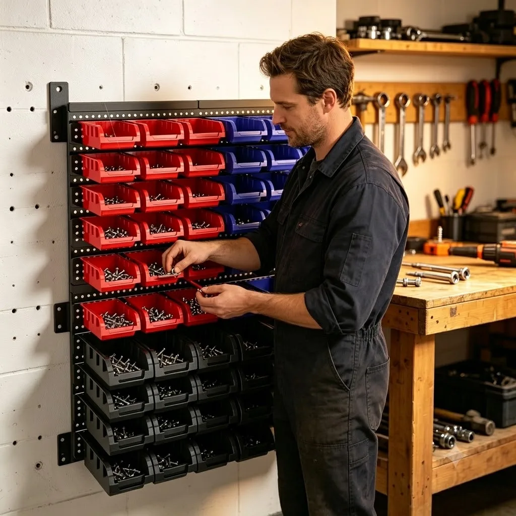 Wall Mount Parts Storage Rack 60Pcs 3 Size Stackable Plastic Hanging Bins Garage Hardware Screw Bolt Tool Organizer Container
