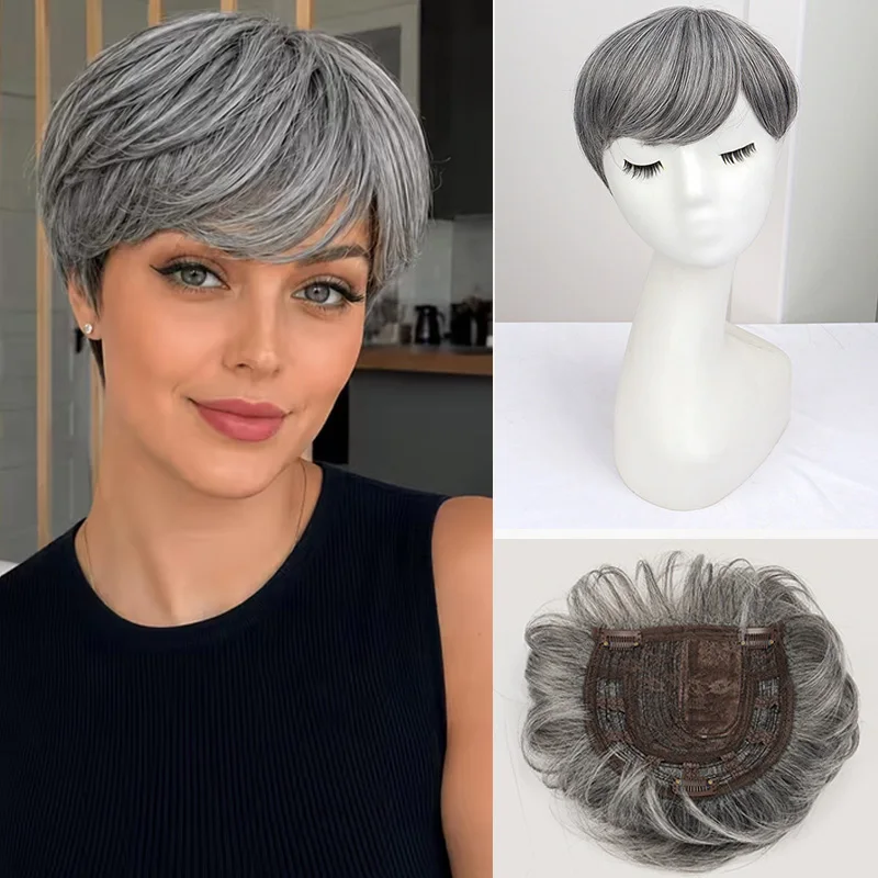 Synthetic Short Hair Topper Lightweight Fiber Hair Extension for Increase Volume Cover White Hair Effortless Daily Use Styling