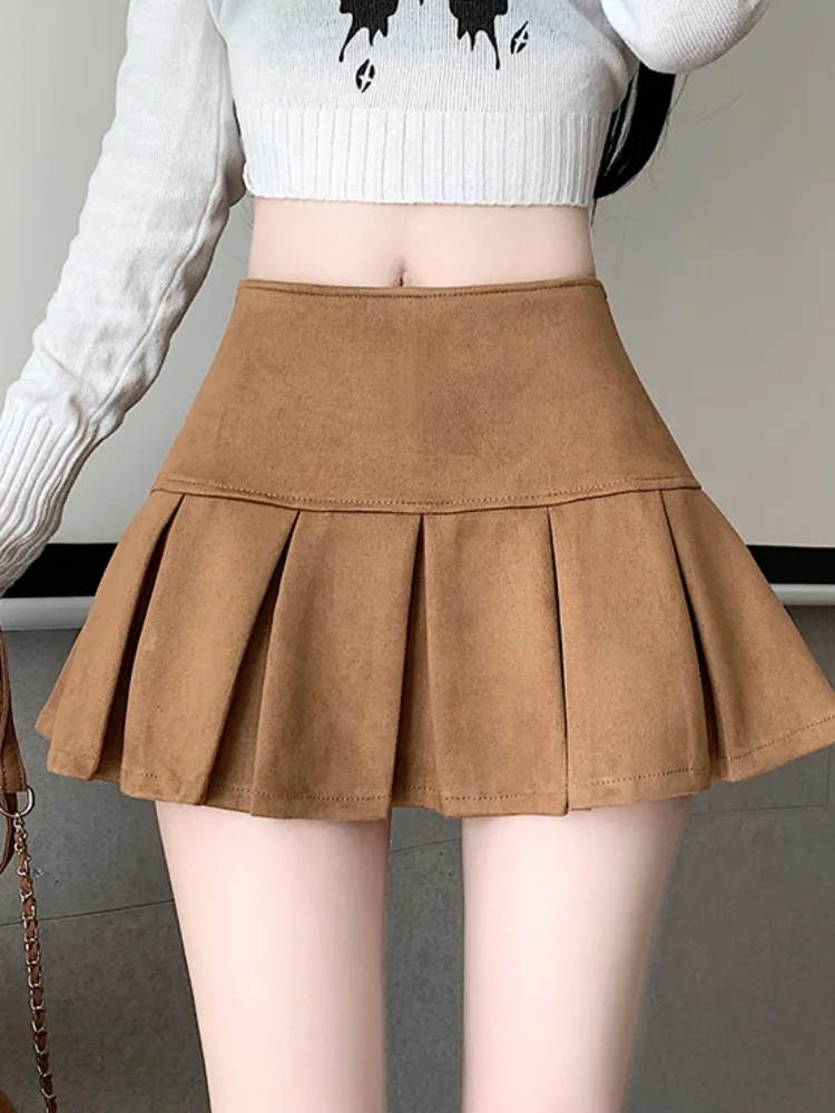 Hoge taille A-lijn rok in bla herten suède fluweel voor dames herfst winter vintage college sle anti-lichte wandelrok