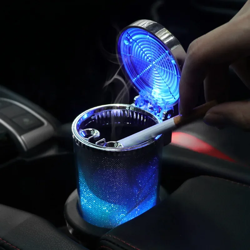 

LED Light Car Ashtray Universal Alloy Ash Tray Aluminum Cup Smokeless Auto Ashtray Flame Retardant Cigarette Cylinder Cup Holder