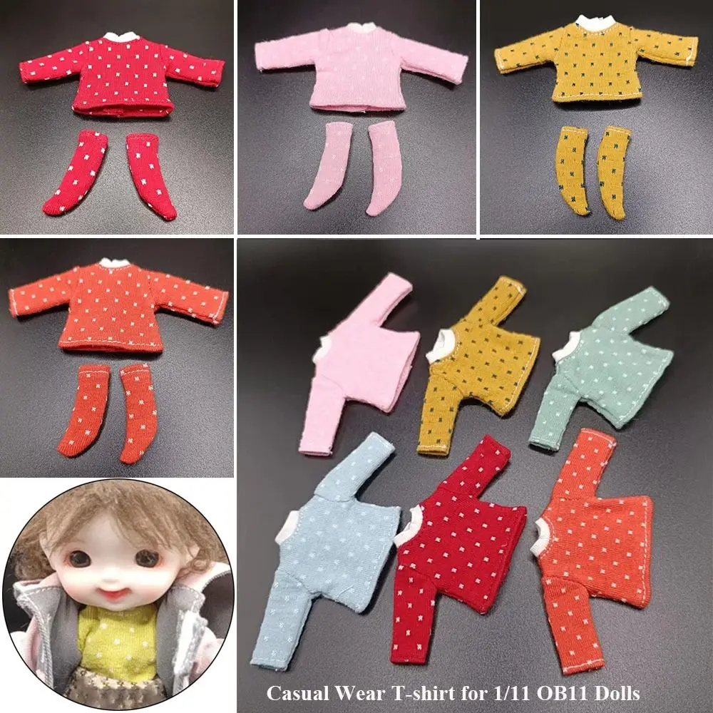 Casual Wear T-shirt for 1/11 OB11 Dolls Cotton Dot Blouse for 1/12 BJD Dolls Slim T-shirt Socks Clothes DIY Doll Accessories