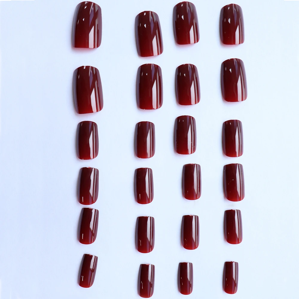 24pcs press on nails short square Wine red press on nails Solid color sweet french tip press on nails cute nail