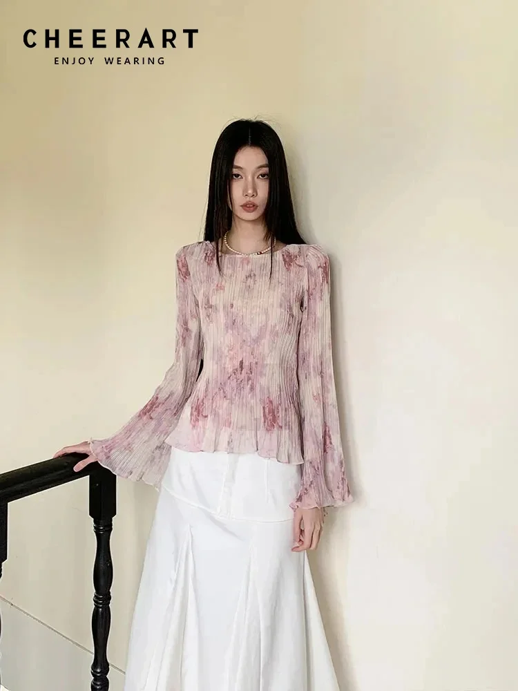 CHEERART Tie Dye Pink Pleated Women Blouse Flare Long Sleeve Top And Blouses Ruffles Designer Top Fall Clothes 2024 Autumn