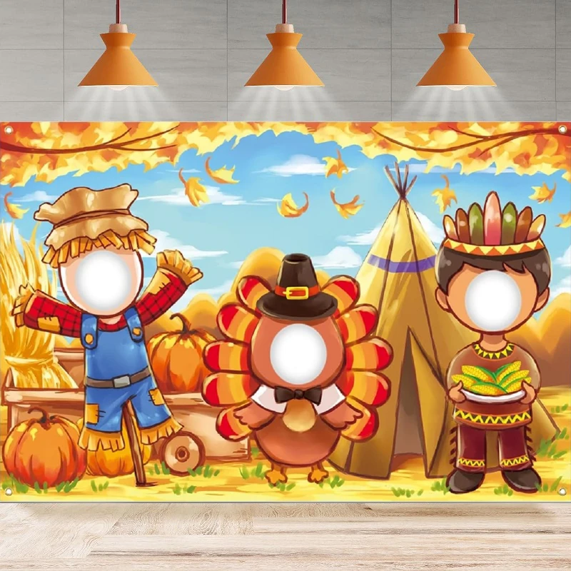 Photography Backdrop Thanksgiving Face In Hole Scarecrow Turkey Indian Face Cutout Props Background Party Backdrop Wall Banner