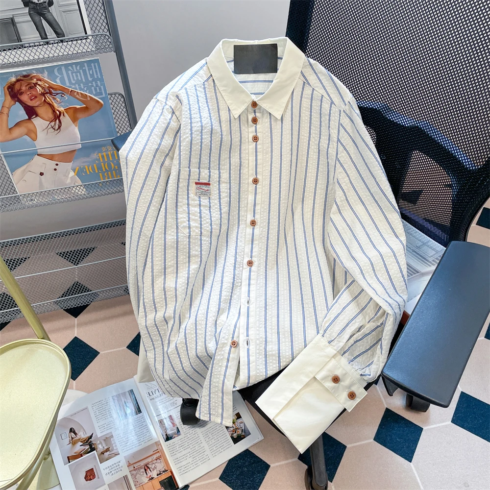 

2024 Men's Single-breasted Shirts with Long Sleeves Classic Comfortable Striped Casual Loose Blouses Korean Fashion Tops N203