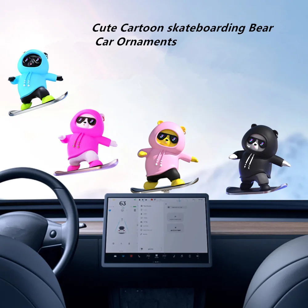 Vehicle Decoration Mini Cartoon skateboarding Bear Car Center Console Ornaments Funny Moving Bear Interior Dashboard Decoration