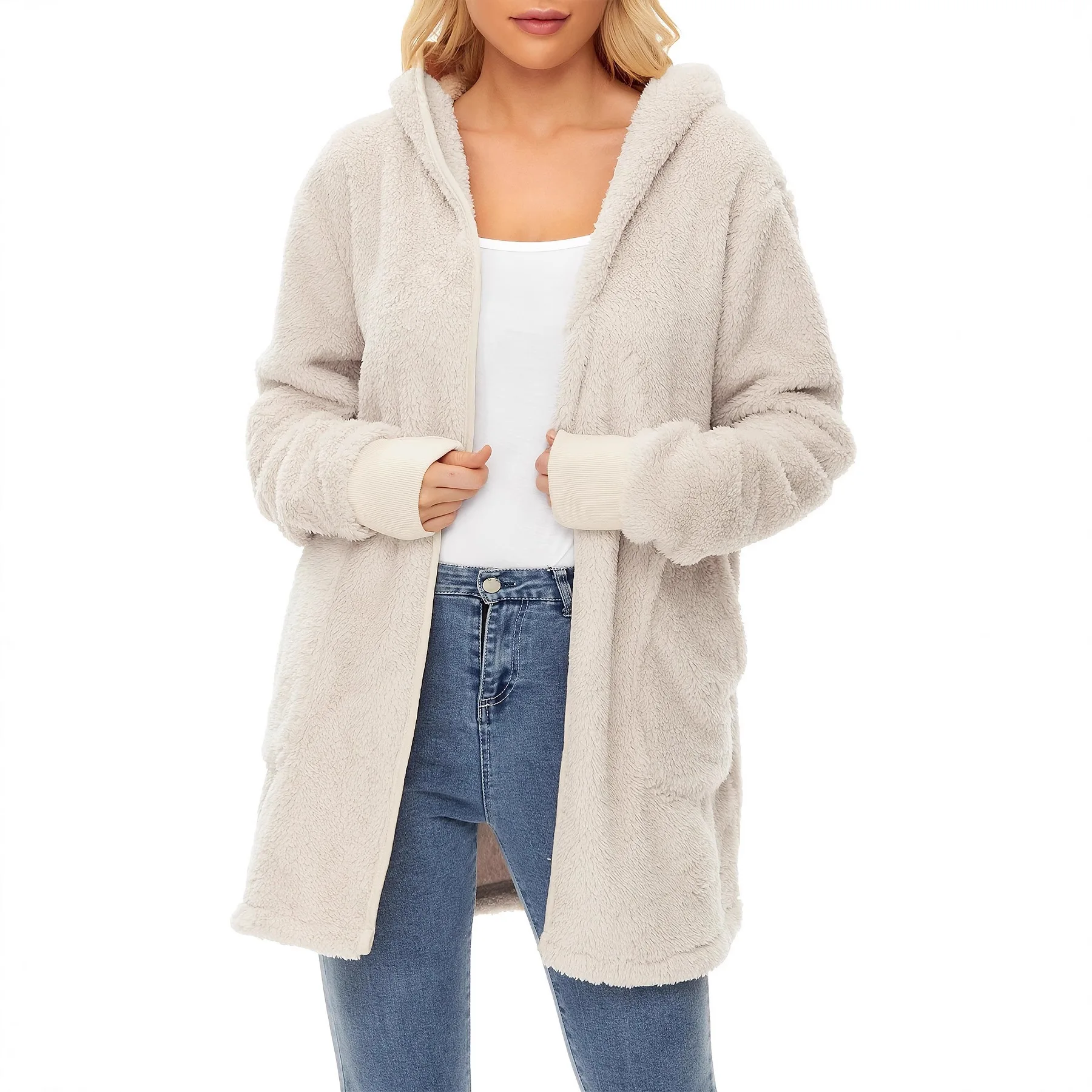 Women's Double-Sided Fleece Hooded Cardigan Jacket 2026 European American Style Windproof Casual with Pockets Comfortable Coat
