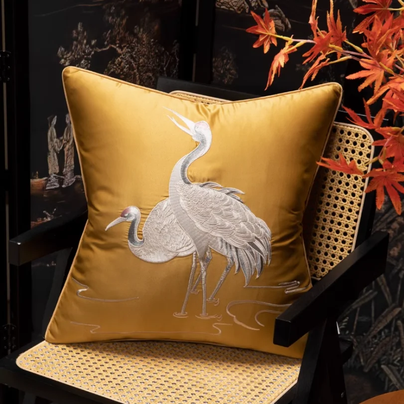 High-end Embroidered Silk-like Birds Square Home Sofa Decorative Crane Pillow Case 4 Colors No Insert