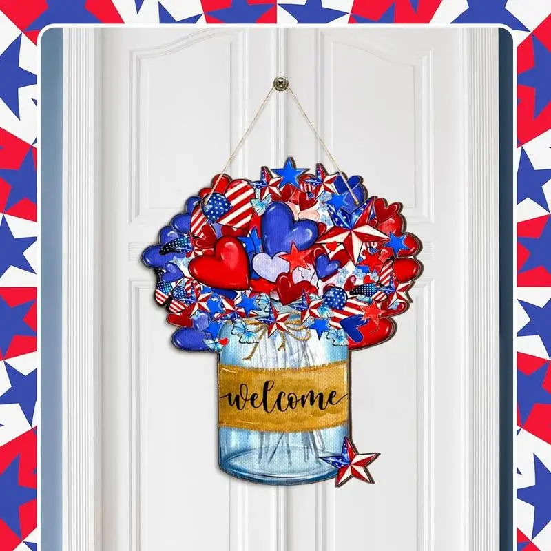 4th Of July Door Sign Farmhouse Patriotic Door Hanger For Front Door 4th Of July Wooden Welcome Door Sign For Independence Day