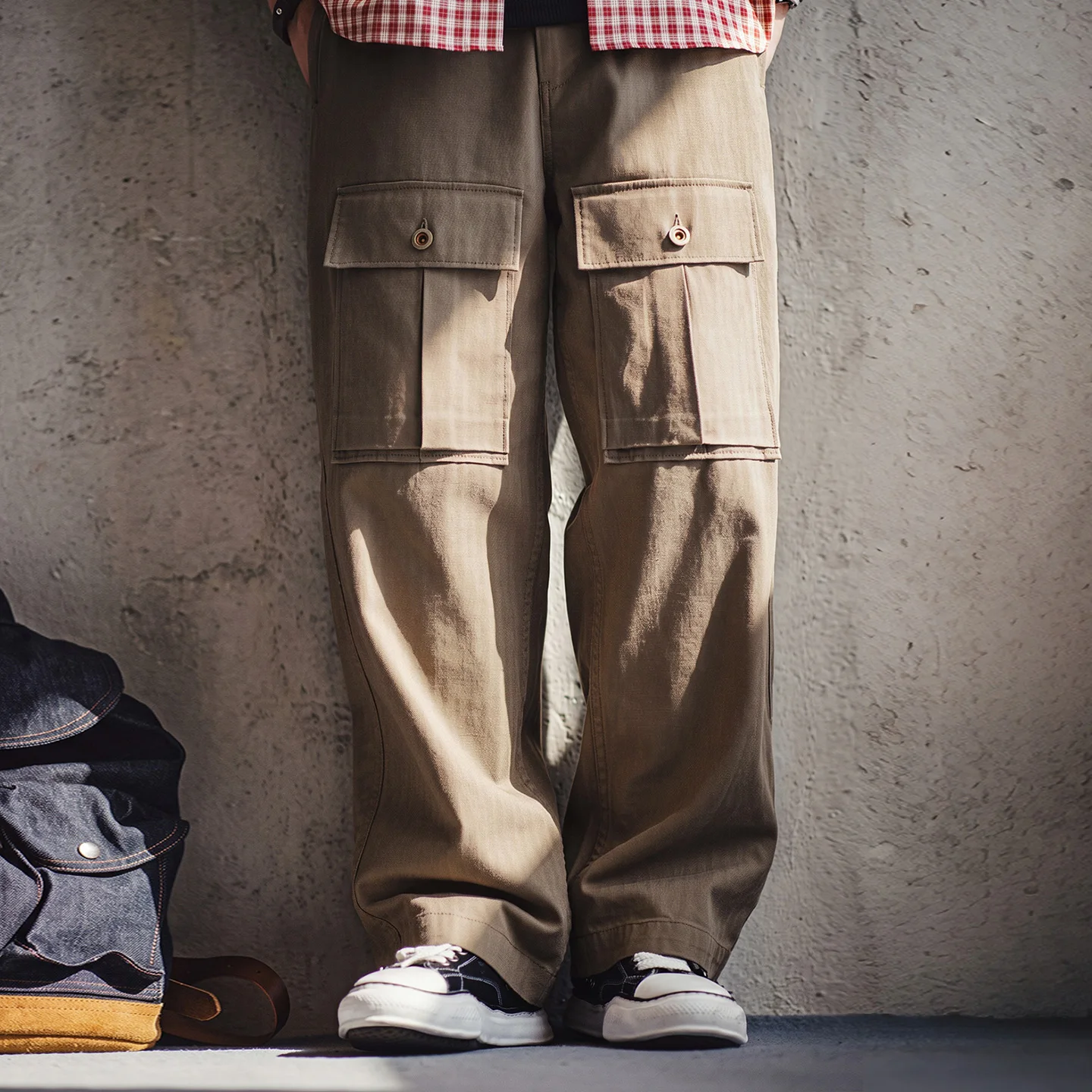 Maden Vintage M43 Modified Khaki Herringbone Woven 100% Cotton Multi Pocket Relaxed Clean Fit Smart Casual Pants Commute Autumn