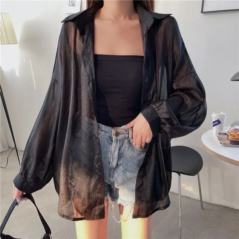 Glossy See Through Shirt for Women Blouse Long Sleeve Lightweight Sheer Organza Tops Ladies Casual Summer Cover Up Outfit