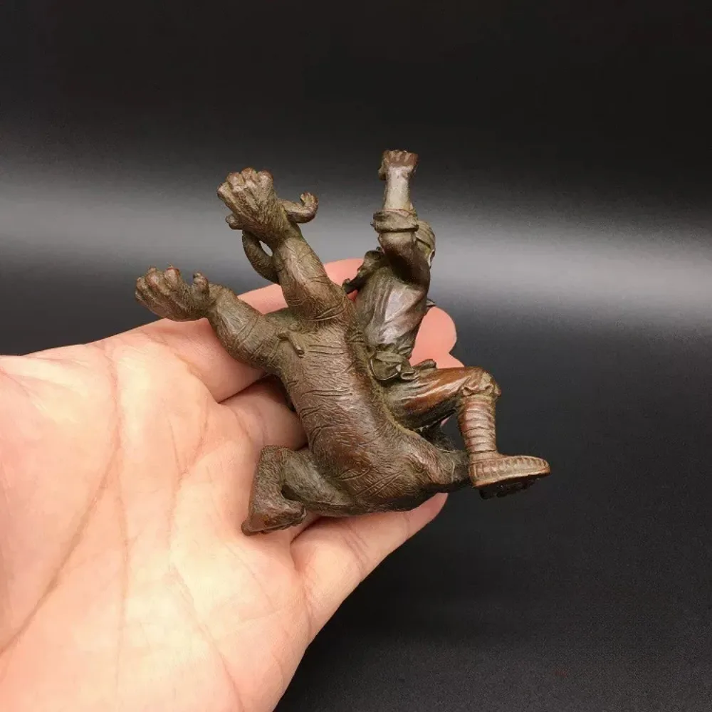 Antique Solid Brass Man Riding Tiger Fighting Statue Desk Decor Tea Pet Home Office Gift