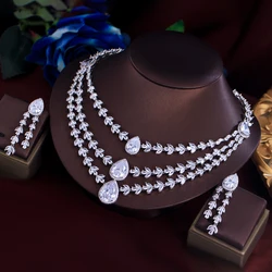 ThreeGraces Shiny Zirconia Water Drop 3 Layers Luxury Leaf Necklace and Earrings Wedding Bridal Big Jewelry Set for Women T1055