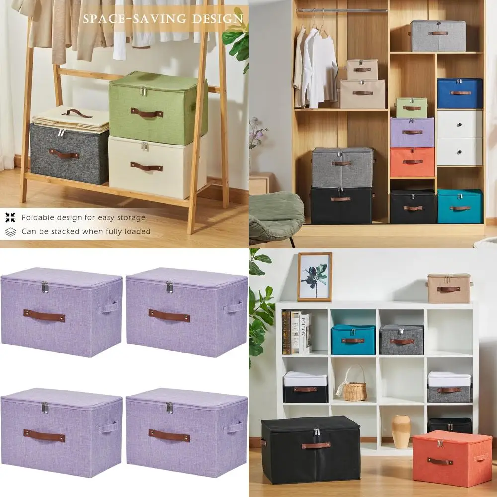 

Large Purple Cotton Linen Storage Bins with Zippered Lids, Foldable, Washable, PU Leather Handles for Closet Organization