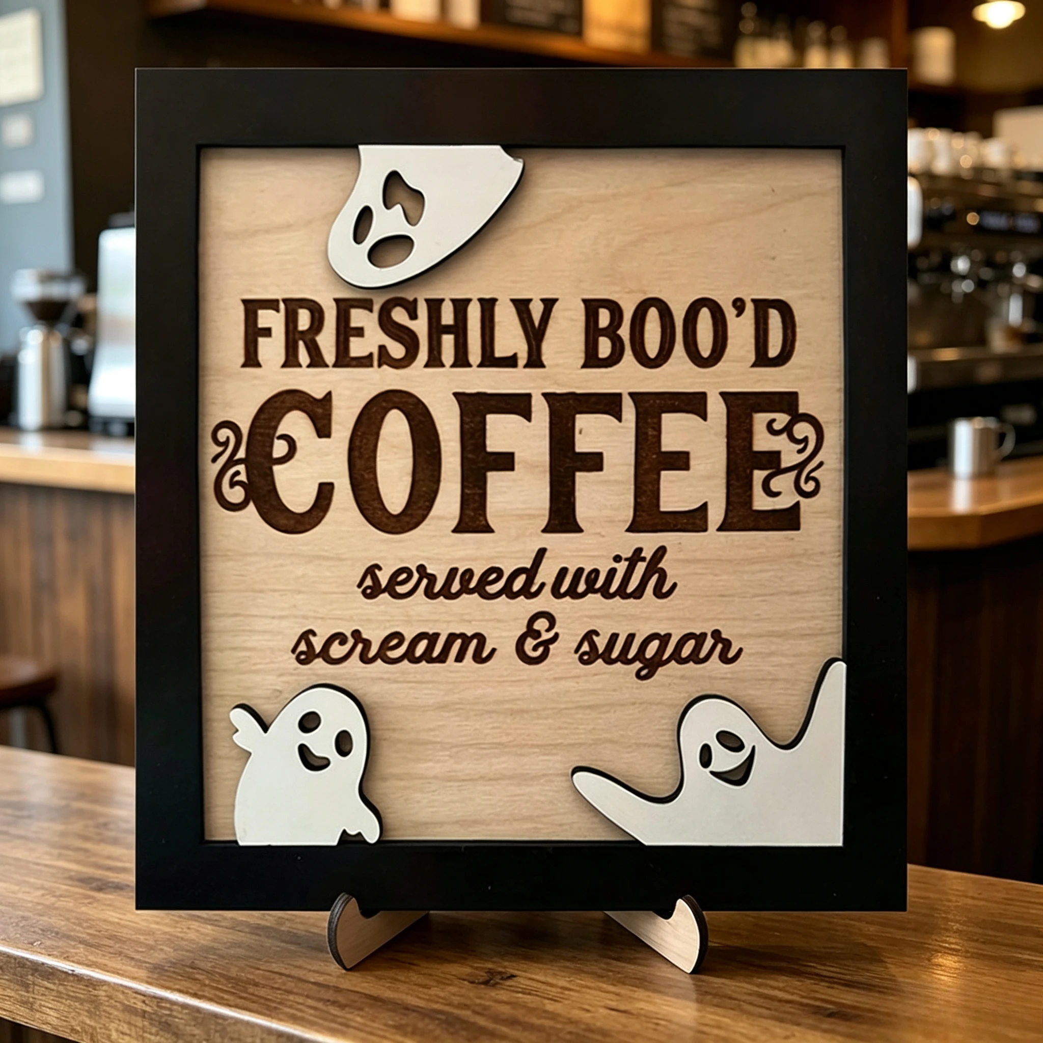 3D Double Wooden Coffee Sign, Fun Halloween Theme 'Fresh Boo Coffee', With Ghost Accent, Classic Home Decoration Style