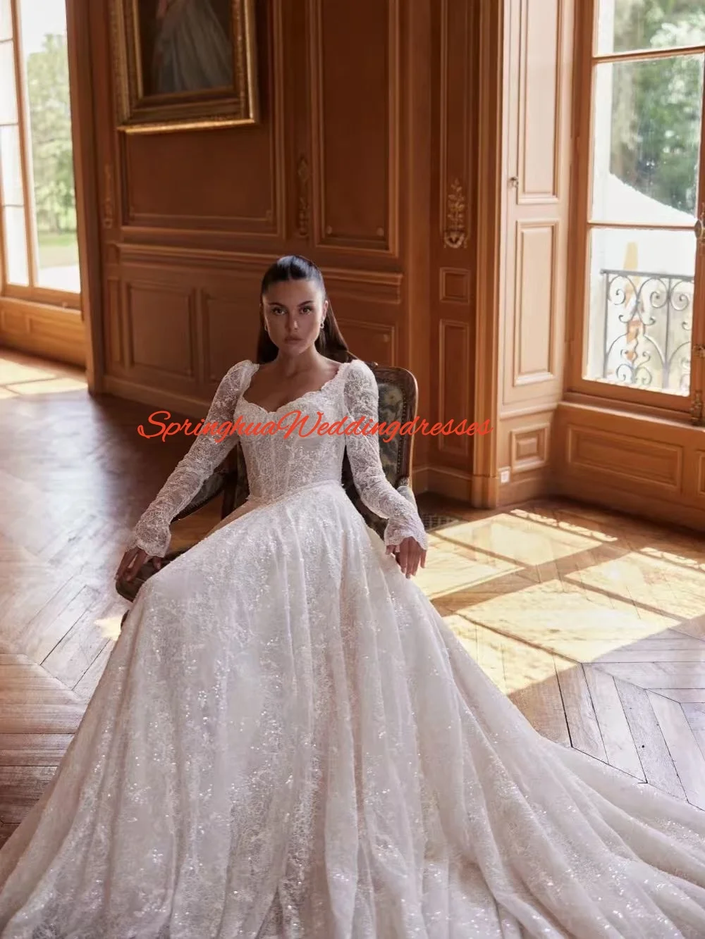 Precioso vestido de novia de encaje con cuentas personalizado, vestido de novia modesto de manga larga, vestidos de ensueño con cuello en forma de corazón para novia
