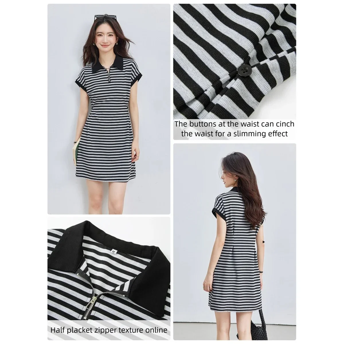 VIMLY Casual Half-Zip Striped Mini Dress for Women Colorblock Lapel Collar Slim Waist A-Line Sleeveless Knit Summer Dress 31120