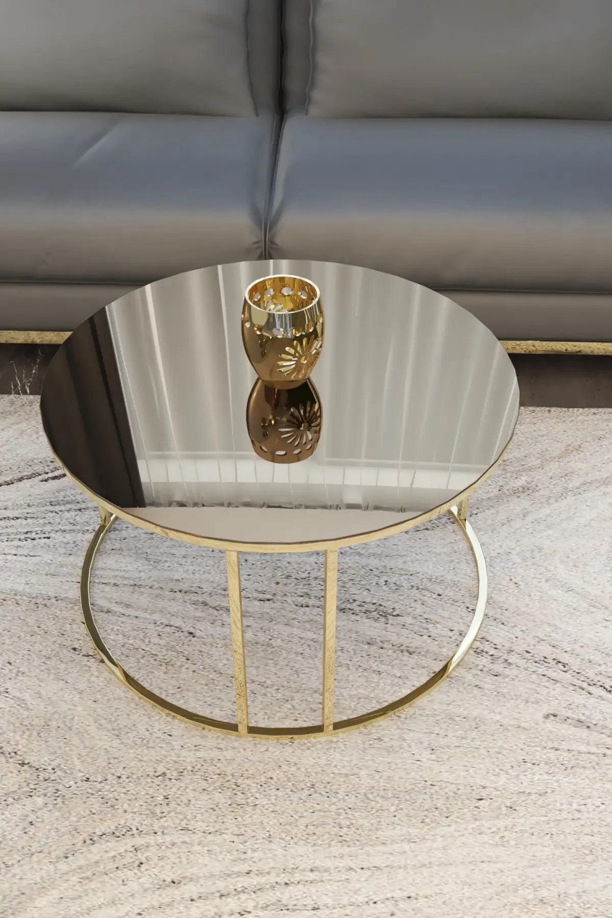 DOLBOVI Ceylin 4lü Zigon And Medium Coffee Table Set Gold Foot Bronze Mirror Coffee Table