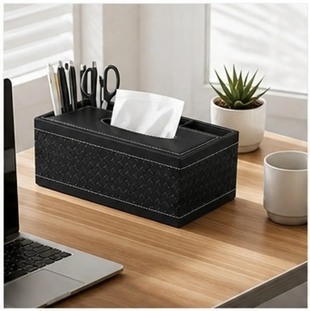 Multifunctional PU Desktop Organizer Tissue Box Braided Design Pencil Scissor Holder Remote Control Container for Office