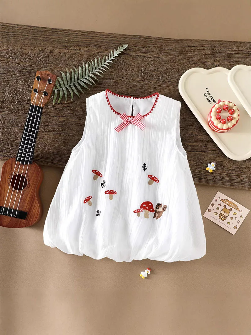 MILANCEL New Summer Kids Dress 1-5T Embroidered Mushrooms Girls Bud Skirt Cute Squirrel Plaid Bow Children Princess Dress