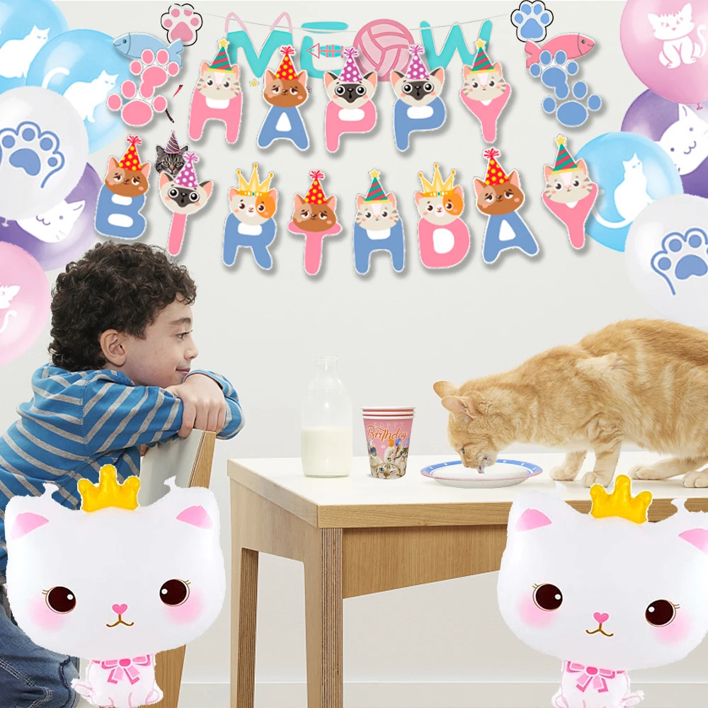 Cat Birthday Party Supplies,178pcs Party Decorations&Tableware Set-Kitten Party Decorations Balloons Banner Plates Cups Napkins