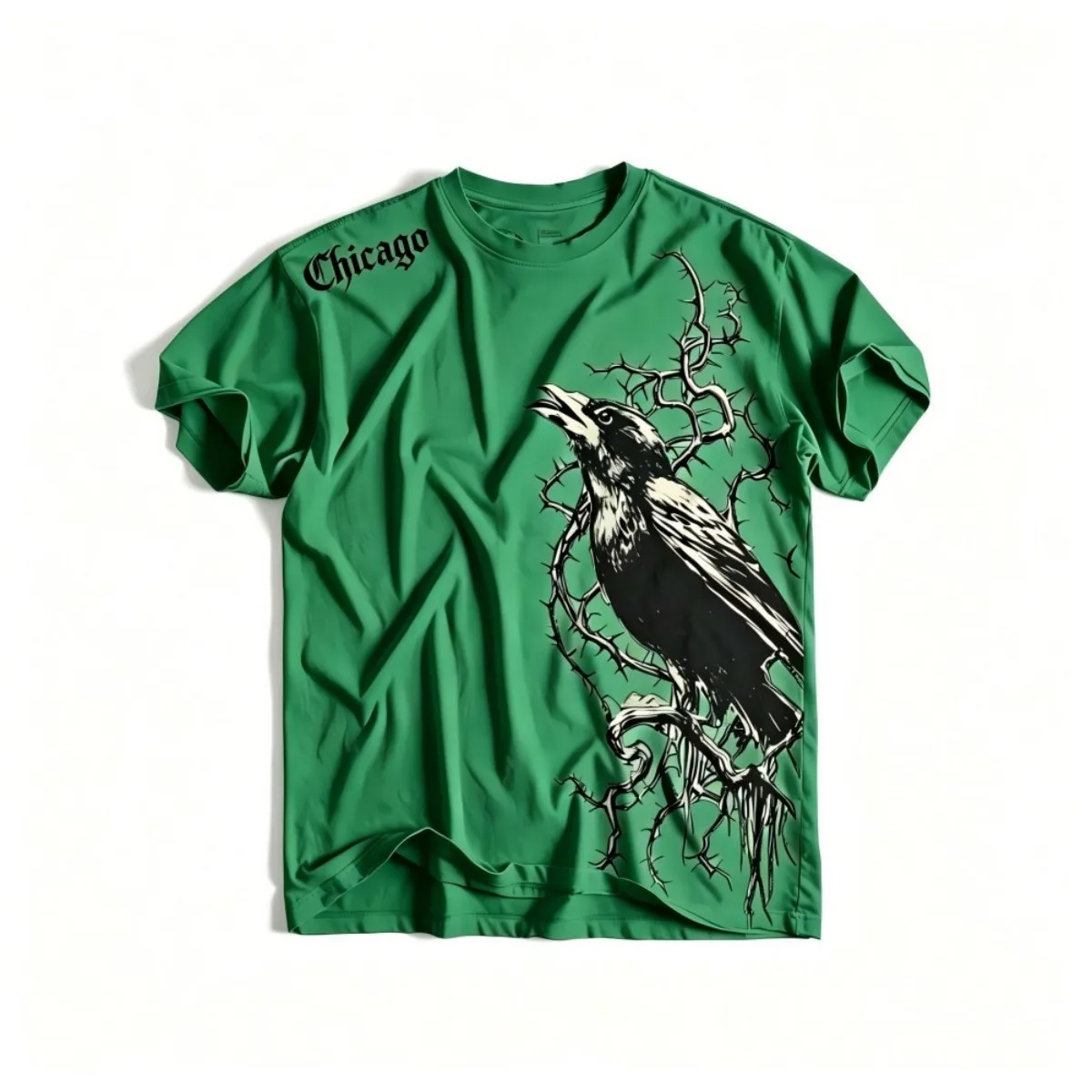 European and American men's summer Chicago letter crow print comfortable and breathable round neck T-shirt outdoor street top