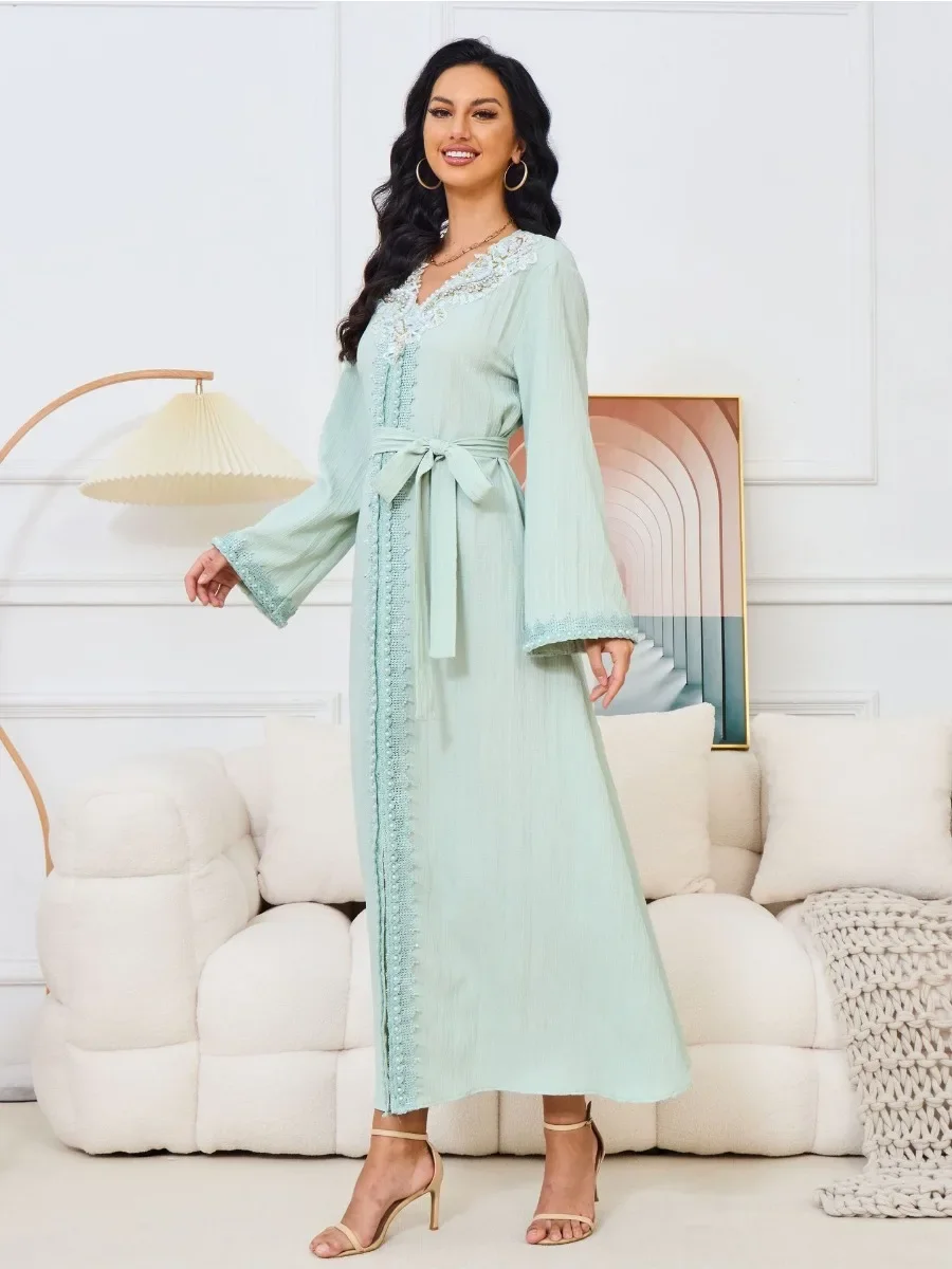 Eid decote em v vestido de miçangas para mulheres festa muçulmana abaya bordado jalabiya vestidos longos kaftan dubai ramadan vestido robe