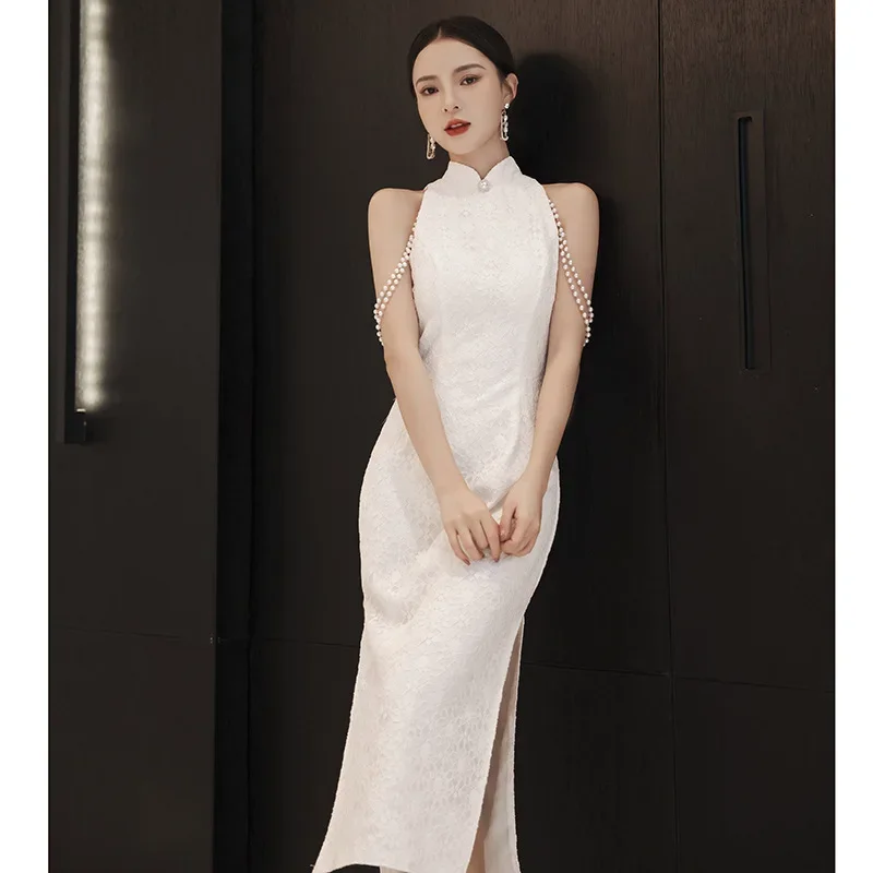 

Elegant Chinese Style White Improved Qipao High Split Evening Dress Women's Party Gown Robe De Soiree