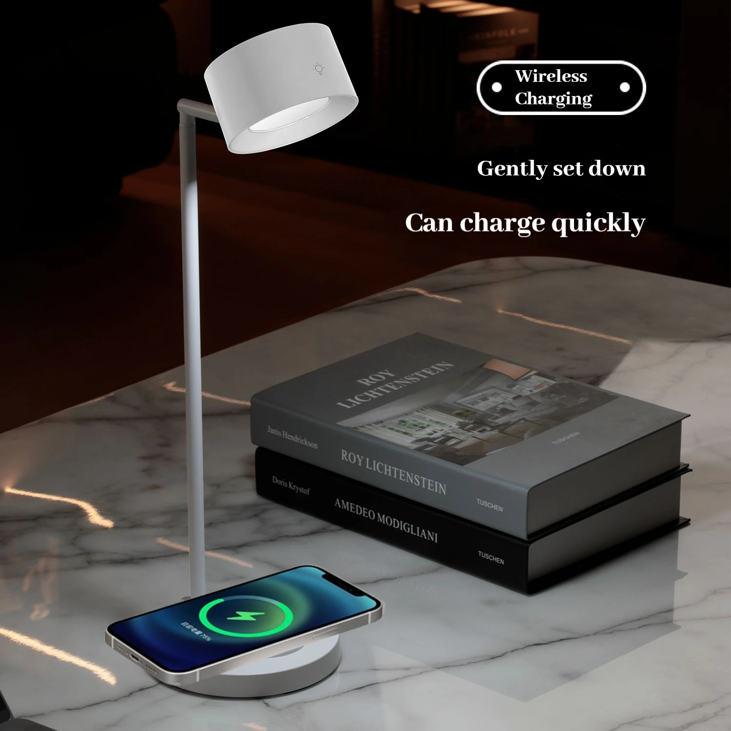 Wireless Charging Desk Lamp with Magnetic Base & Sunset Projection, USB Eye Protection Light for Bedroom Office Decor Gift