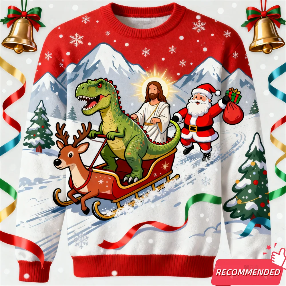 

2025 Christmas Sweatshirt for Men Dinosaur Funny Jesus Santa Ugly Sweater Fashion Unisex Streetwear Xmas Kids Y2k Tracksuit Tops