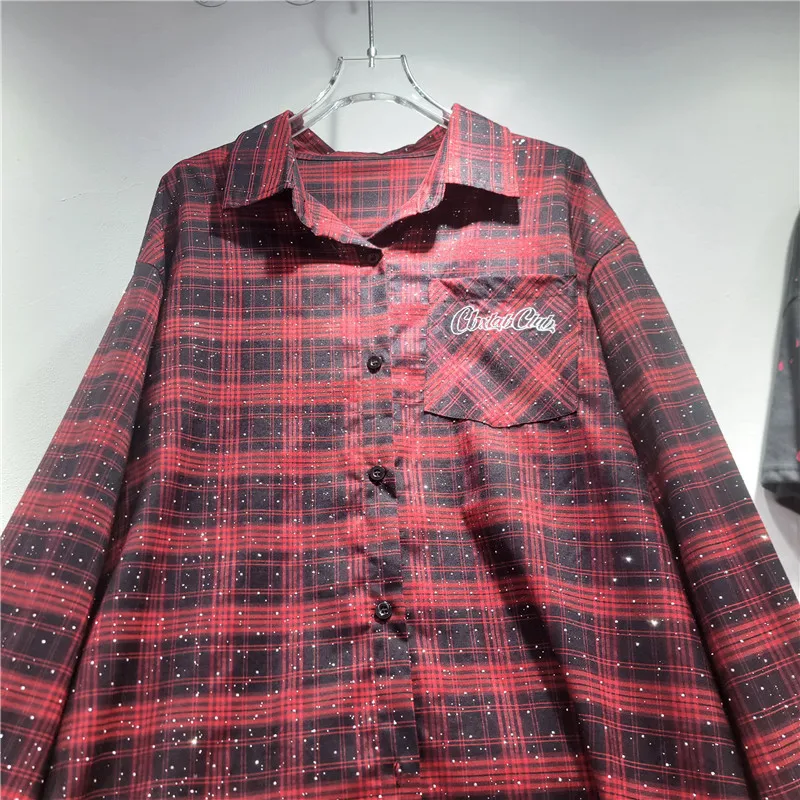 HKSH Women Shirt American Retro Plaid Studded Diamonds Single Breasted Long Sleeves Streetwear Chic Casual Versatile Top HK21438