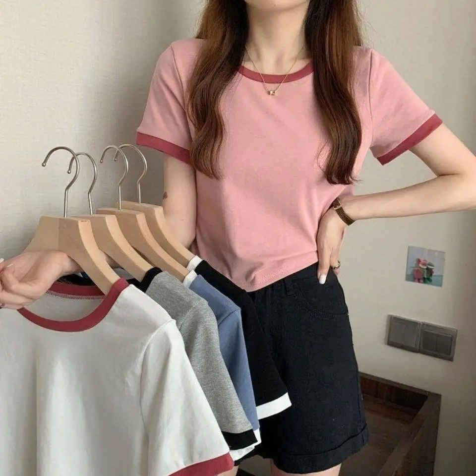 Color Blocking Round Neck Short Sleeved T-shirt for Women, 2025 New Summer Base Shirt, Korean Version Slim Fit Short Top
