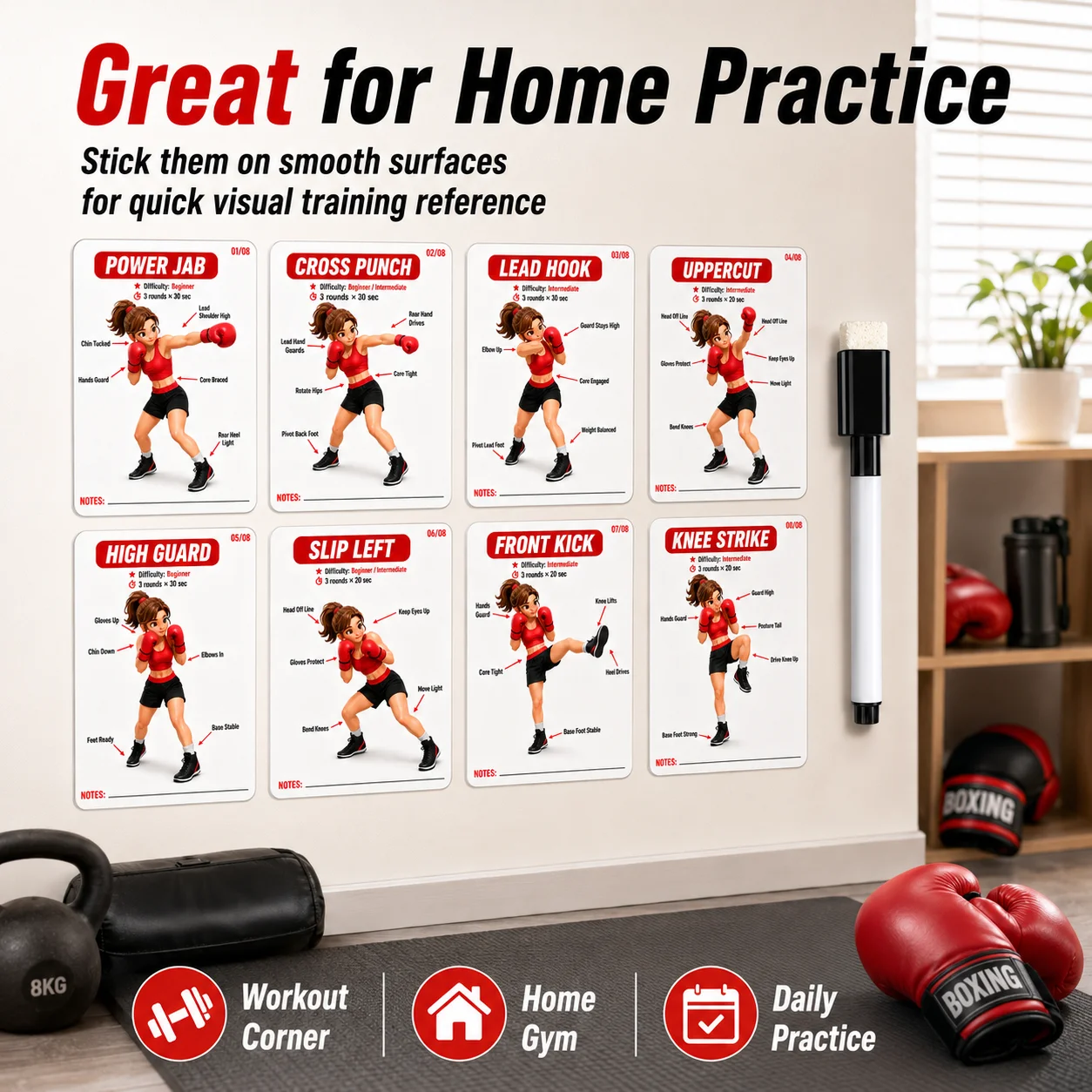 Home Gym Guide - 8-pack trainingsgidsstickers + 1 droog uitwisbare